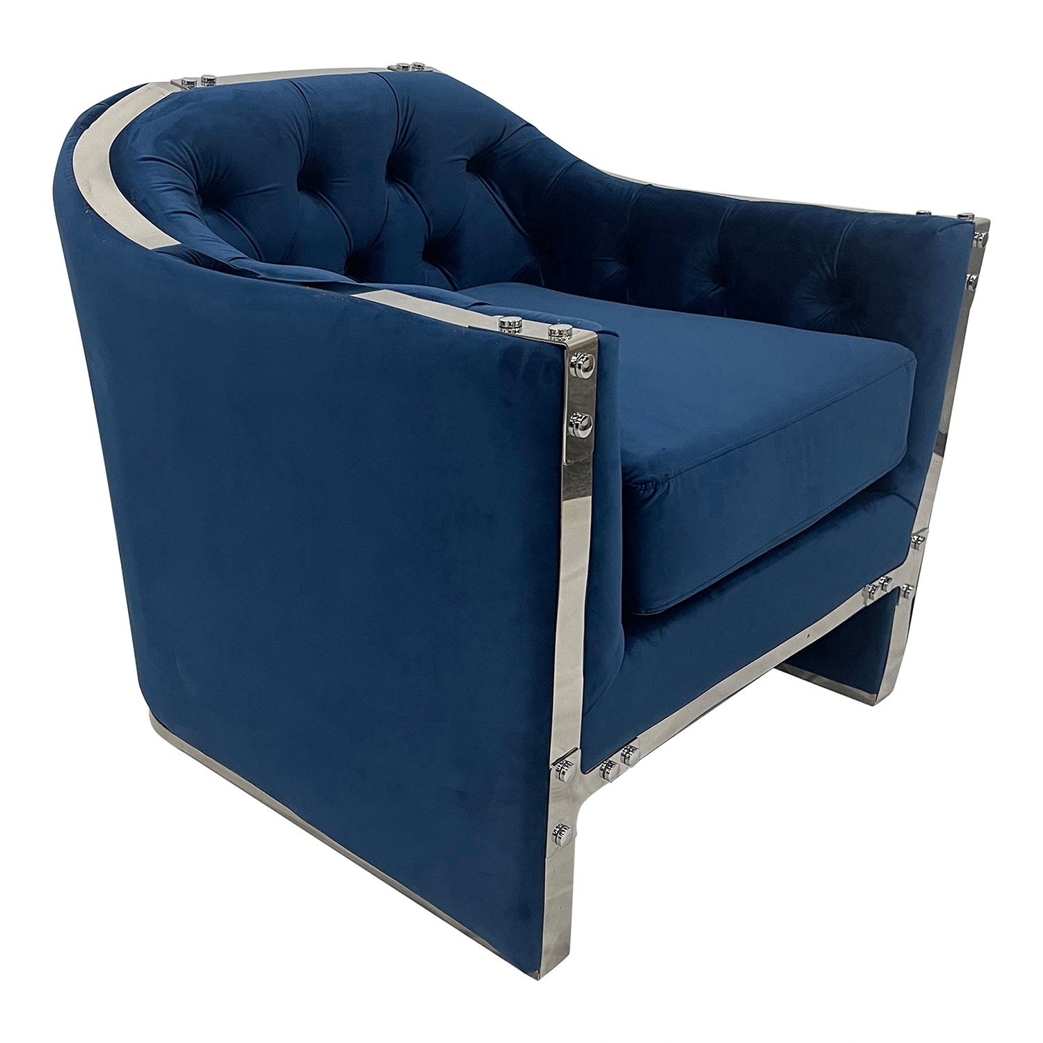 A luxurious navy blue sofa chair with a gold stainless steel frame and button tufting, perfect for modern interiors.