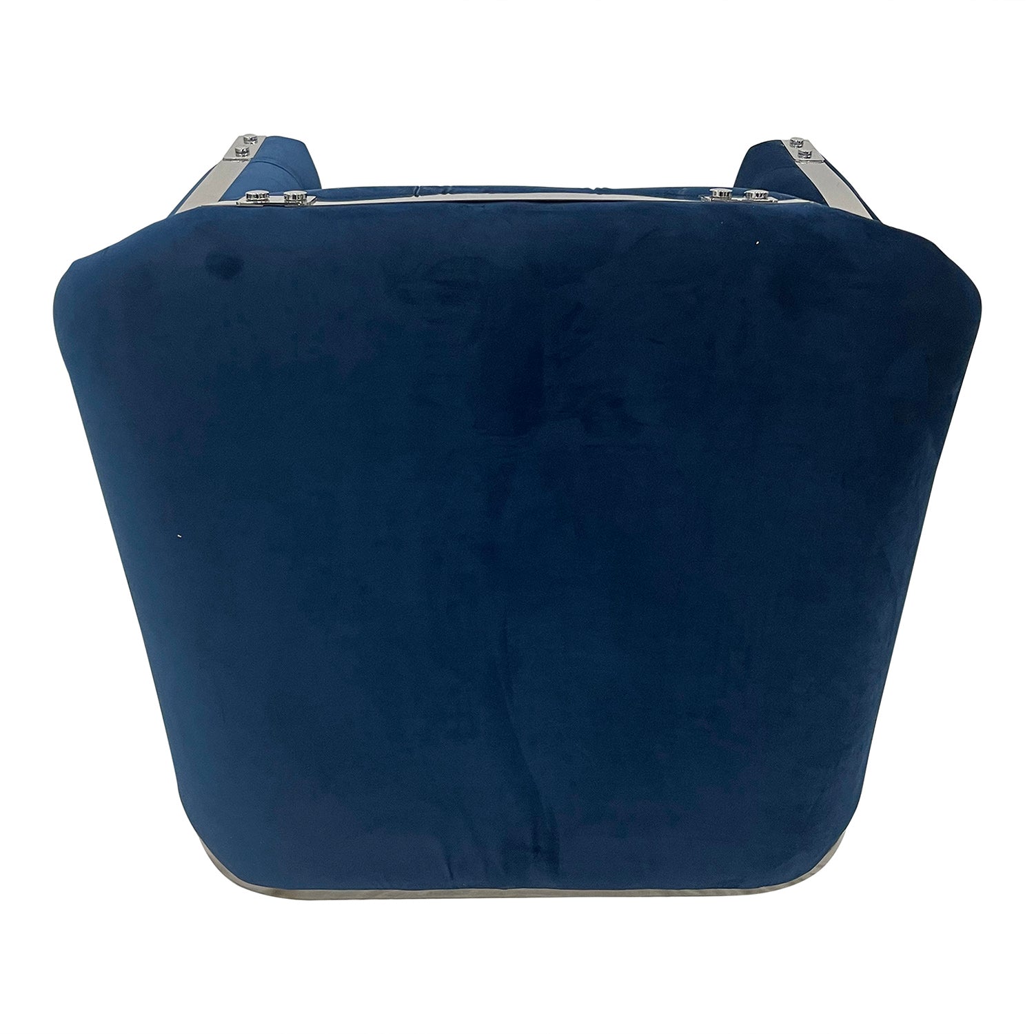 A luxurious navy blue sofa chair with a gold stainless steel frame and button tufting, perfect for modern interiors.