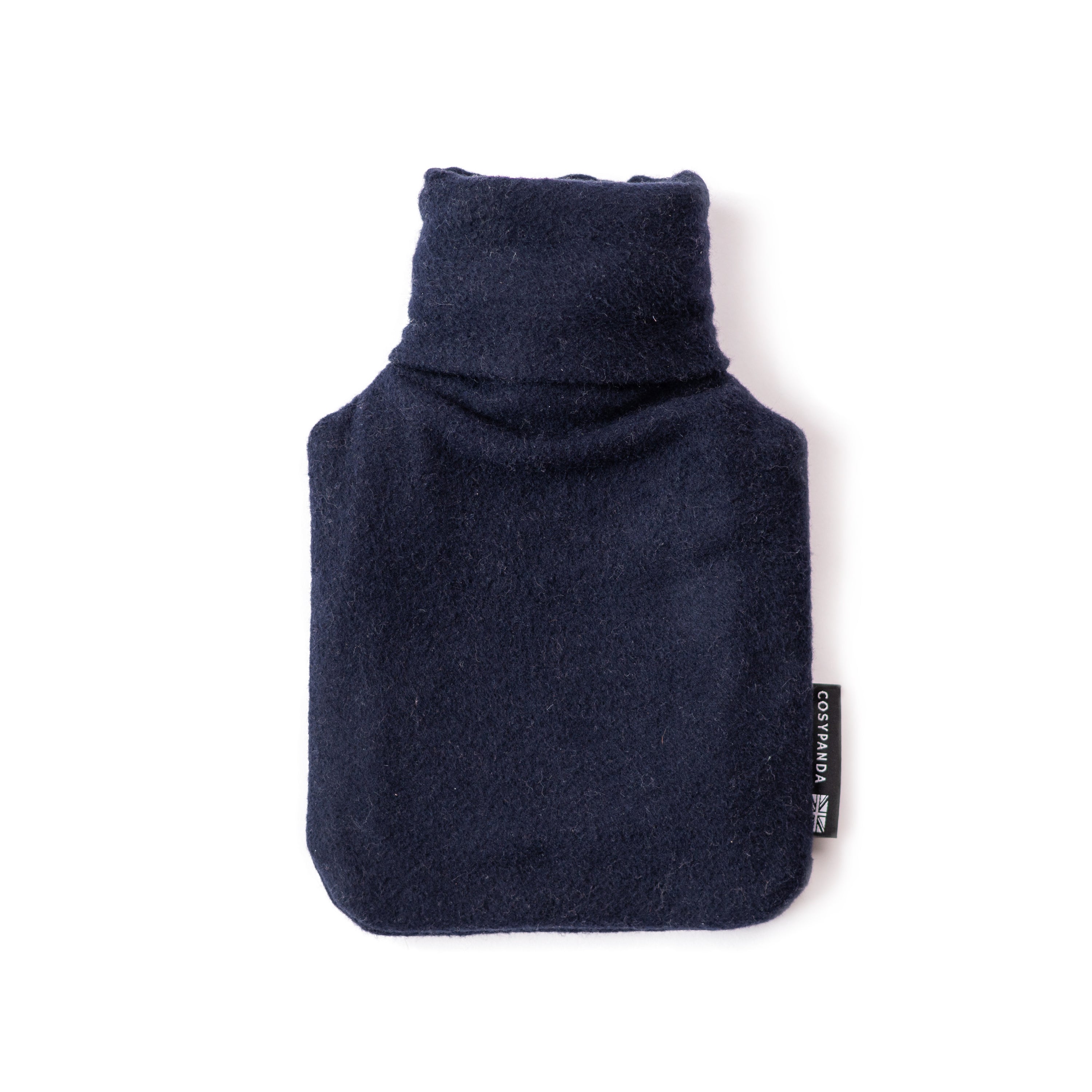 Navy blue cotton hot water bottle with a natural rubber bottle inside, showcasing its eco-friendly design and handmade quality.