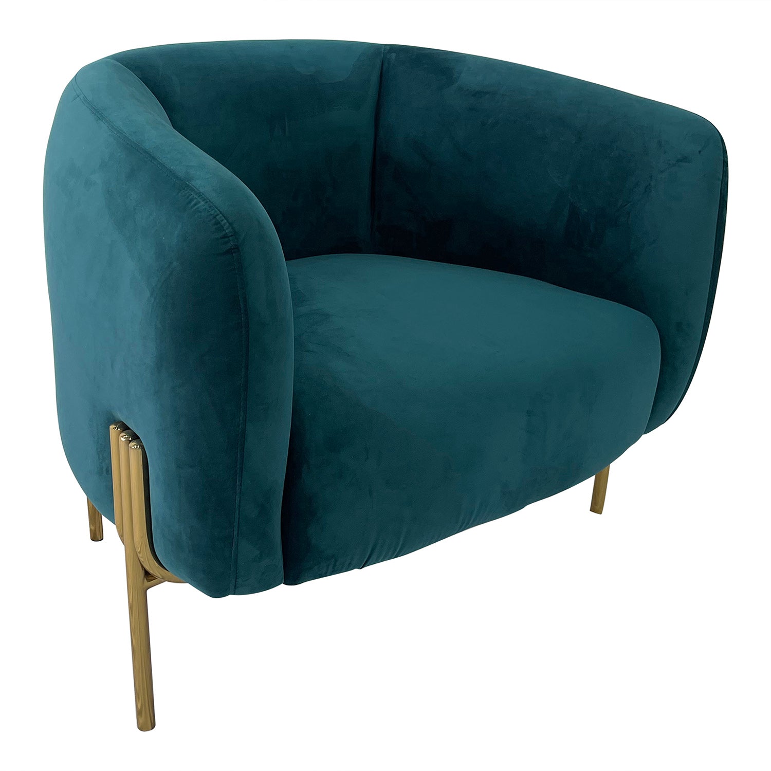 Navy teal velvet sofa chair with gold stainless steel frame, showcasing luxurious design and comfort.