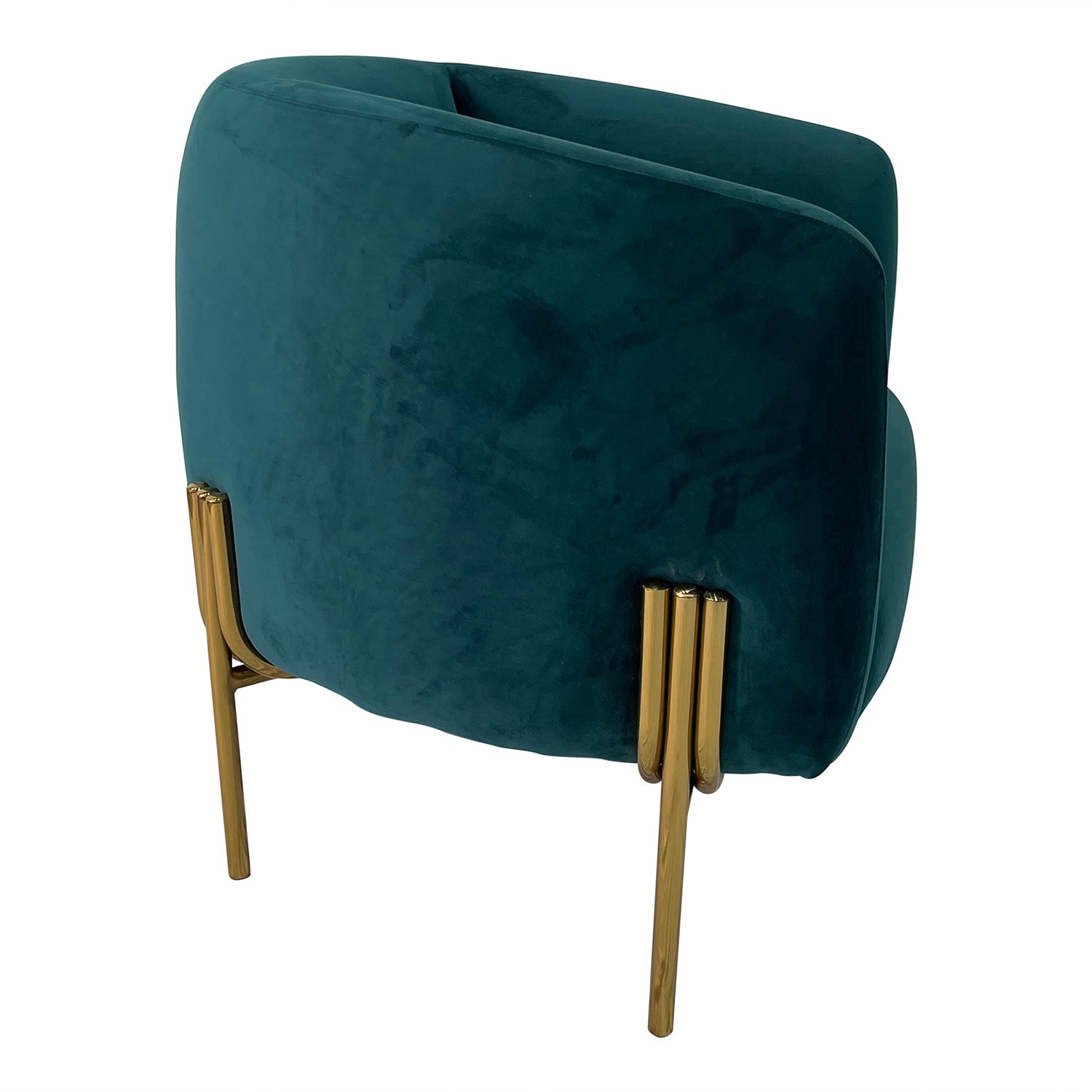 Navy teal velvet sofa chair with gold stainless steel frame, showcasing luxurious design and comfort.