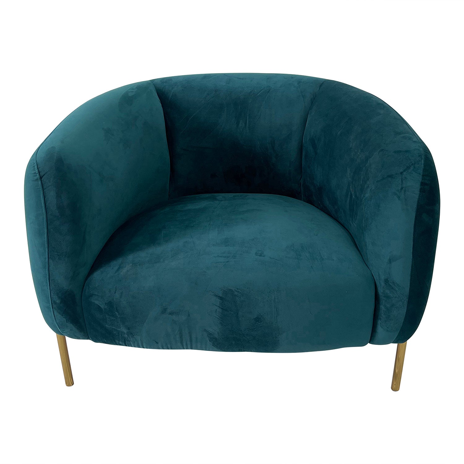 Navy teal velvet sofa chair with gold stainless steel frame, showcasing luxurious design and comfort.