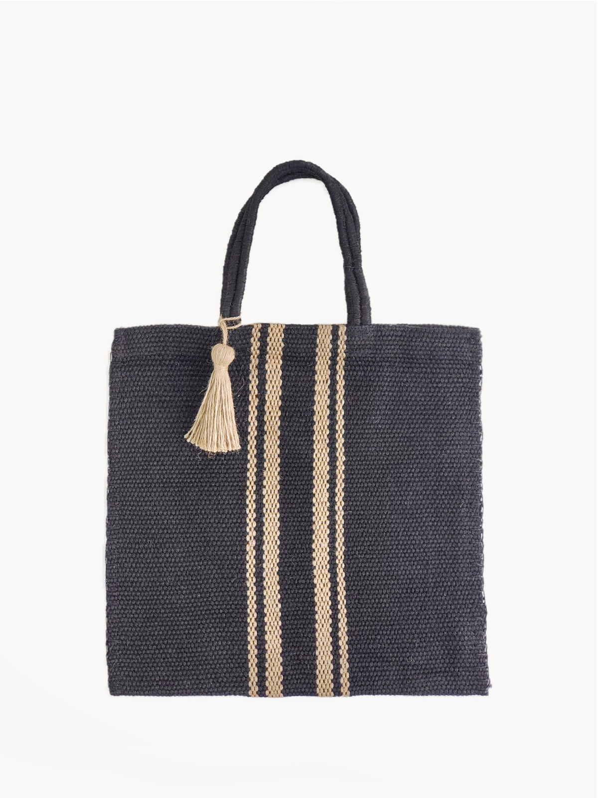 Naya Jute Tote Bag in black, handwoven with natural jute fabric, showcasing its stylish design and spacious interior.