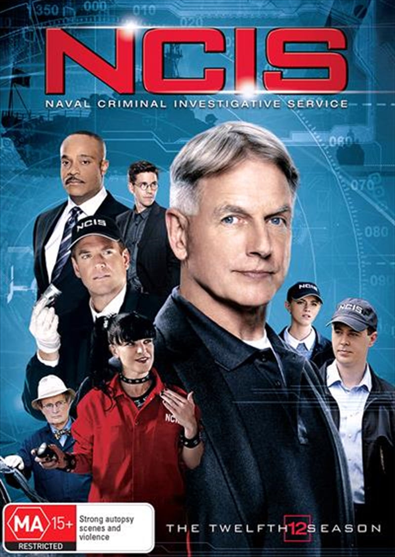 NCIS - Season 12 DVD cover featuring the main cast in action poses, showcasing the series' thrilling crime investigation theme.