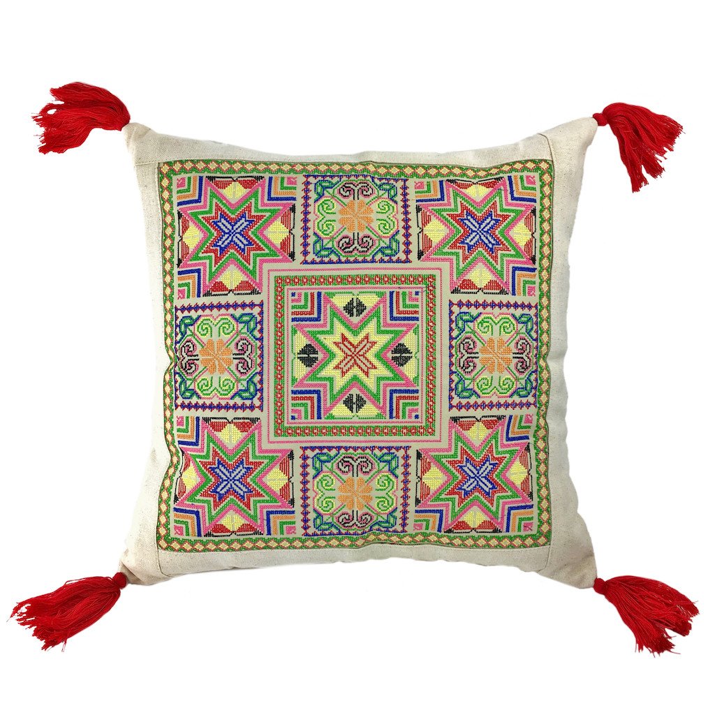 Colorful Needlepoint Tassel Pillow Cover handcrafted by Hmong artisans, featuring intricate embroidery and a vibrant design.