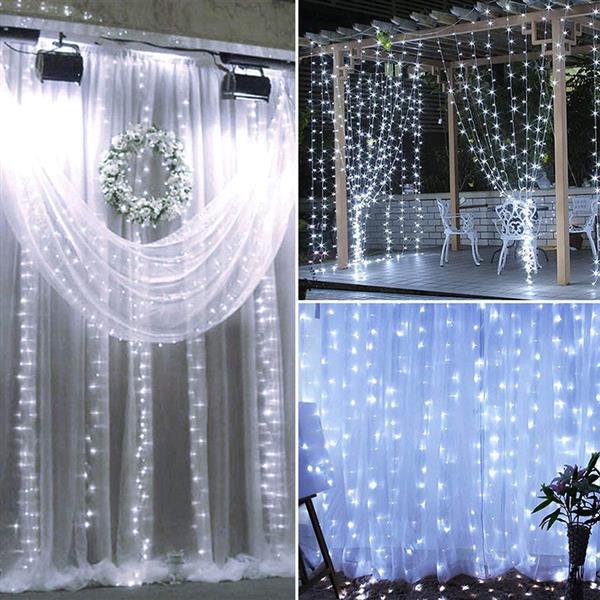 18M x 3M 1800-LED Warm White Light curtain string light, perfect for romantic decorations at weddings and Christmas events.