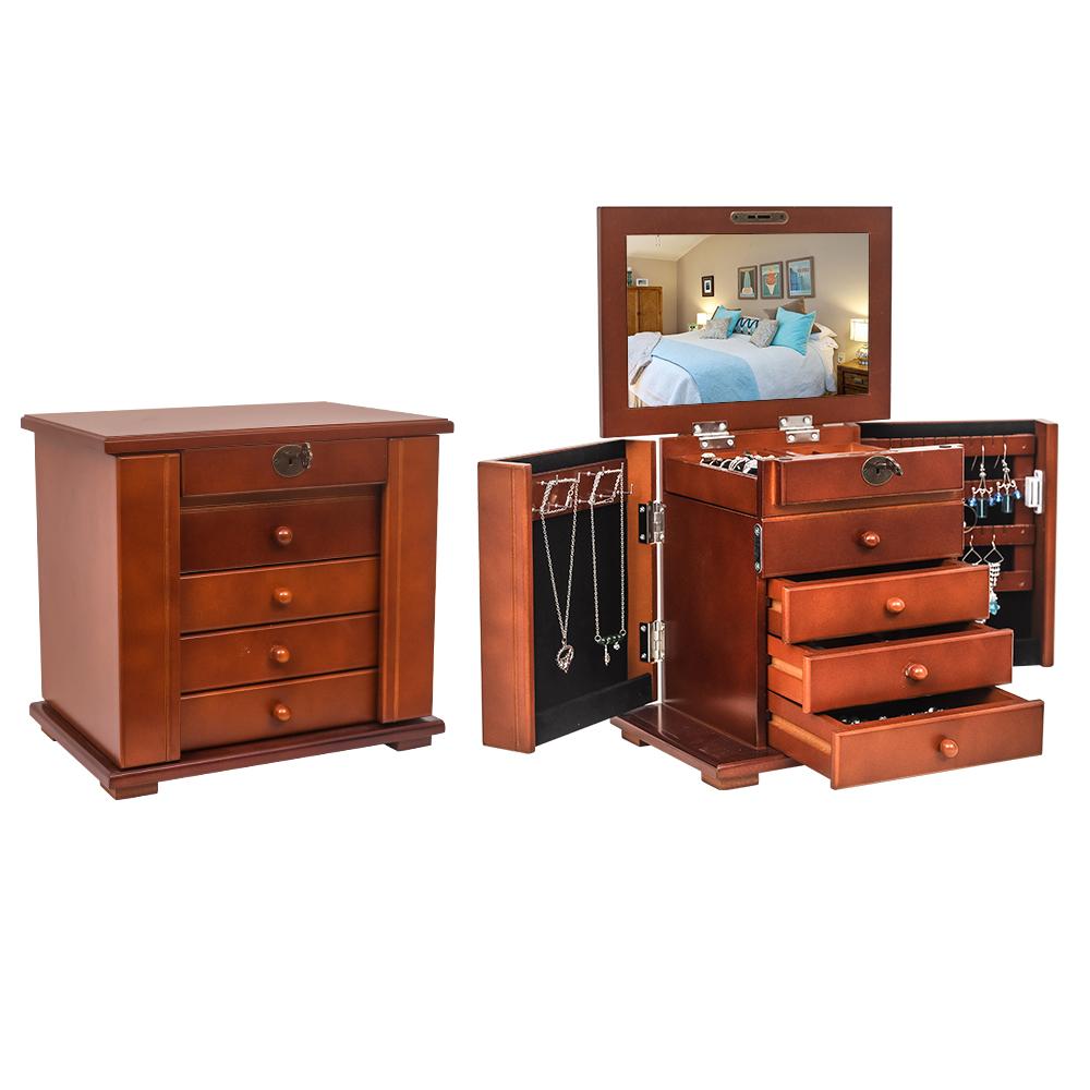 Elegant 4 Drawer 5 Layer Wooden Jewelry Box with double doors, featuring a rich brown finish and soft velvet interior.