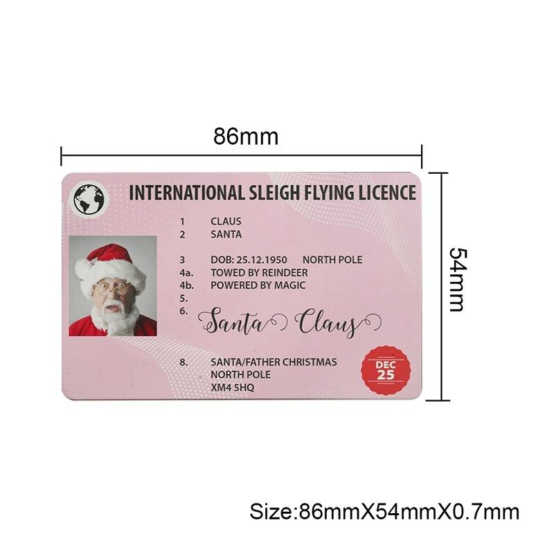 Five colorful Santa Claus Flight Licenses designed for Christmas Eve, featuring festive graphics and a realistic driving license appearance.