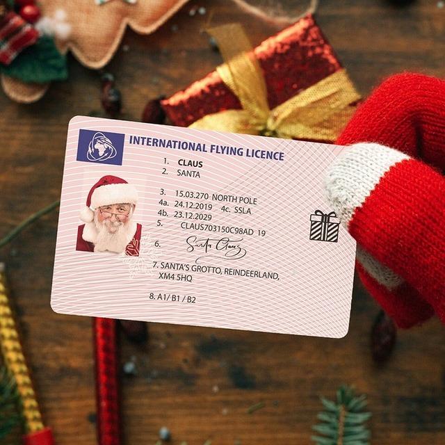 Five colorful Santa Claus Flight Licenses designed for Christmas Eve, featuring festive graphics and a realistic driving license appearance.