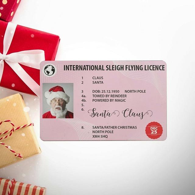 Five colorful Santa Claus Flight Licenses designed for Christmas Eve, featuring festive graphics and a realistic driving license appearance.