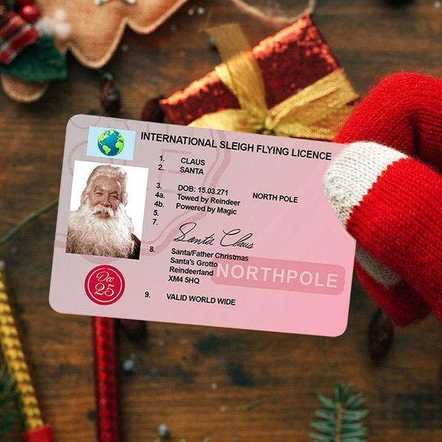 Five colorful Santa Claus Flight Licenses designed for Christmas Eve, featuring festive graphics and a realistic driving license appearance.