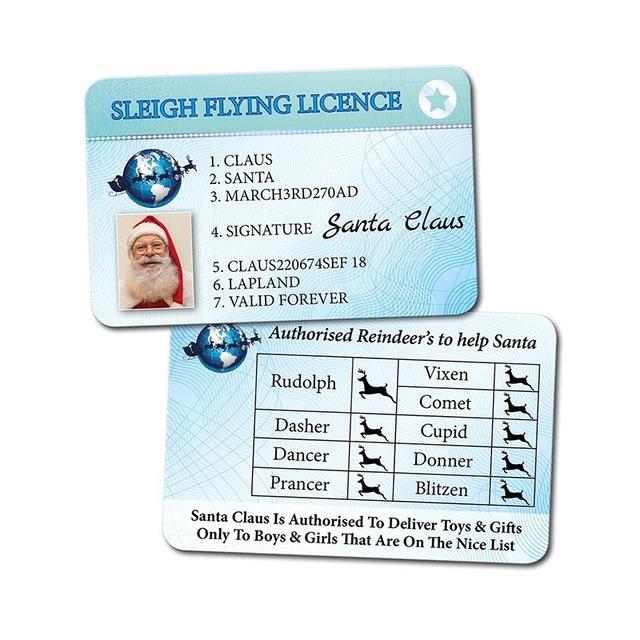 Five colorful Santa Claus Flight Licenses designed for Christmas Eve, featuring festive graphics and a realistic driving license appearance.