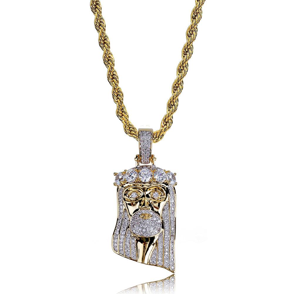 New Copper Gold Color Plated Iced Out Jesus Face Pendant Necklace with sparkling cubic zirconia stones on a rope chain.