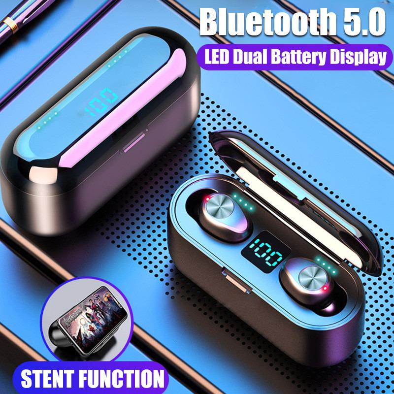 New F9 LED Display Sport Wireless Earphone in various colors with charging case and accessories.