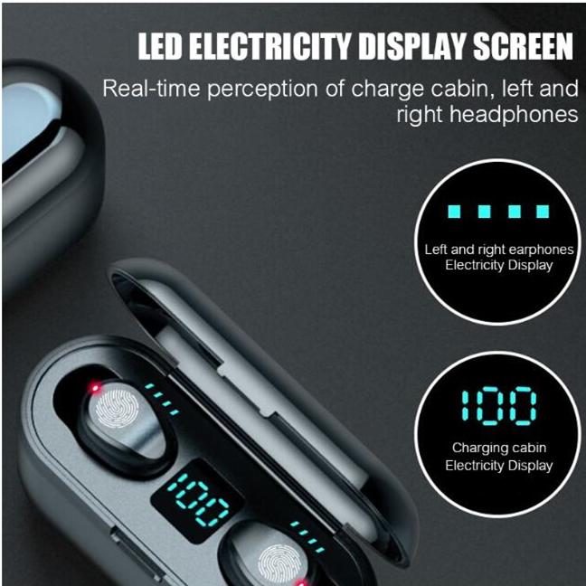 New F9 LED Display Sport Wireless Earphone in various colors with charging case and accessories.