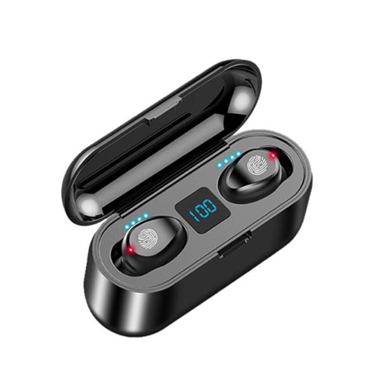 New F9 LED Display Sport Wireless Earphone in various colors with charging case and accessories.