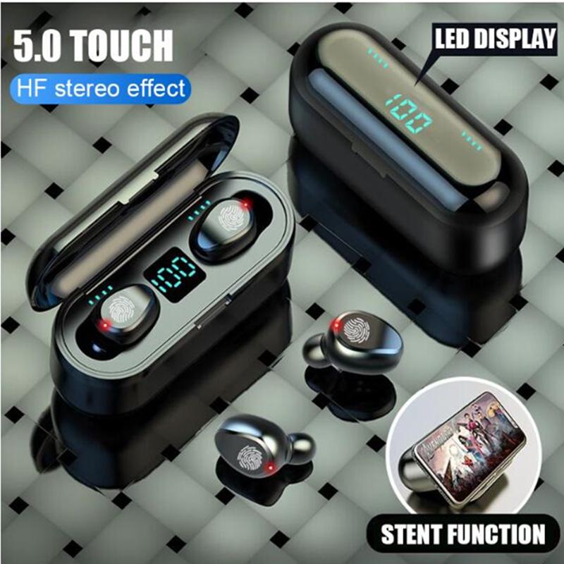 New F9 LED Display Sport Wireless Earphone in various colors with charging case and accessories.