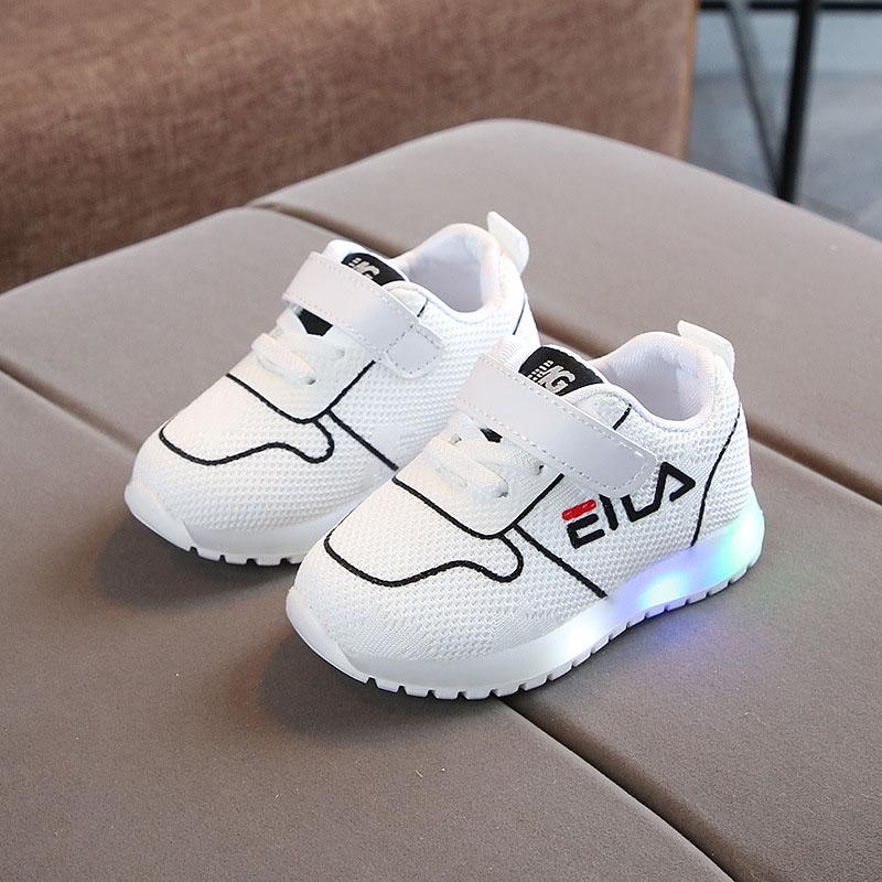 Colorful children's shoes with LED lights and breathable mesh design, perfect for active play.