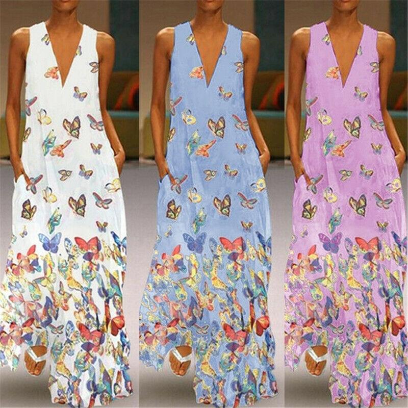 A stylish sleeveless V-neck maxi dress featuring a vibrant butterfly print, perfect for summer occasions.