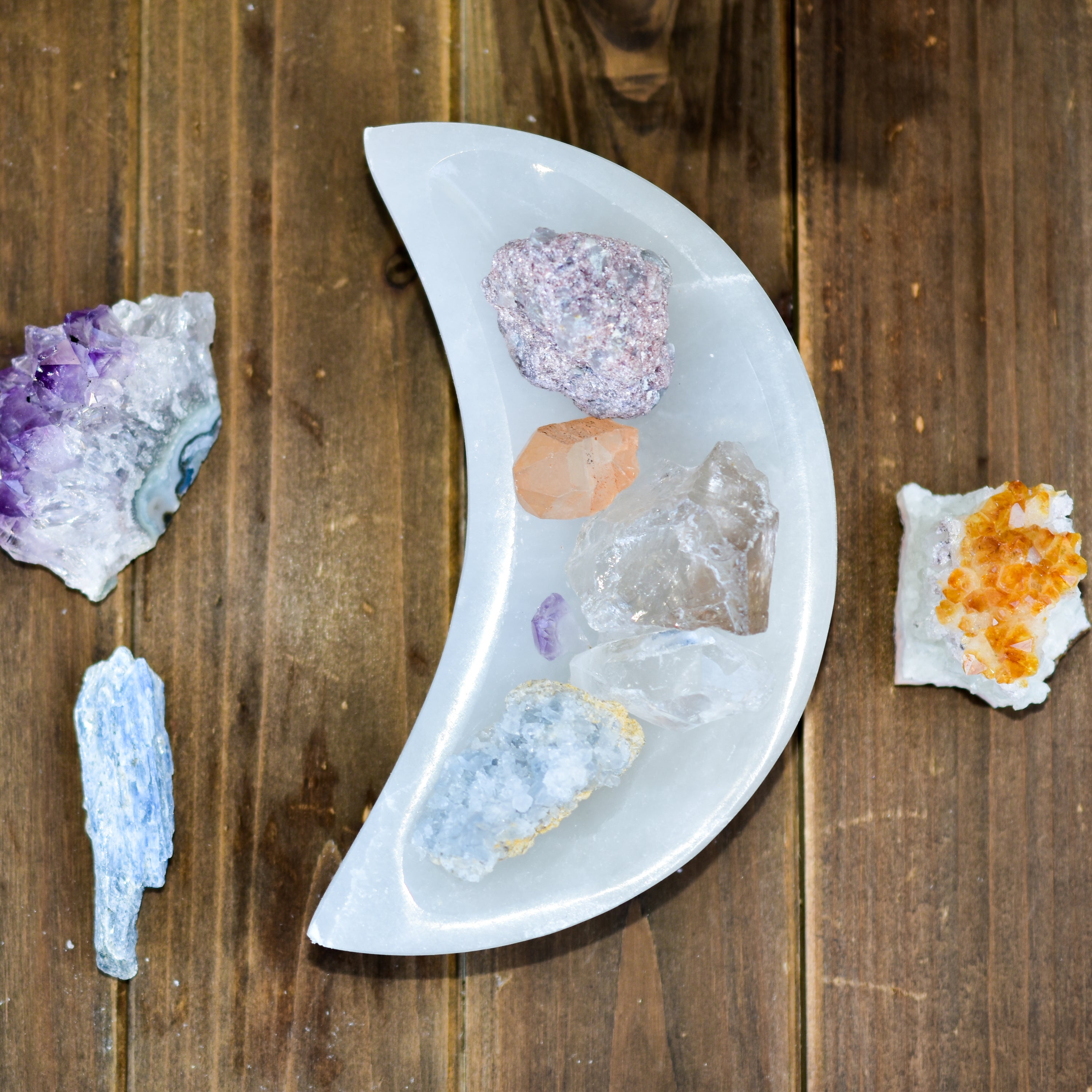 Handmade Selenite Moon Bowl from Morocco, perfect for holding crystals and jewelry.