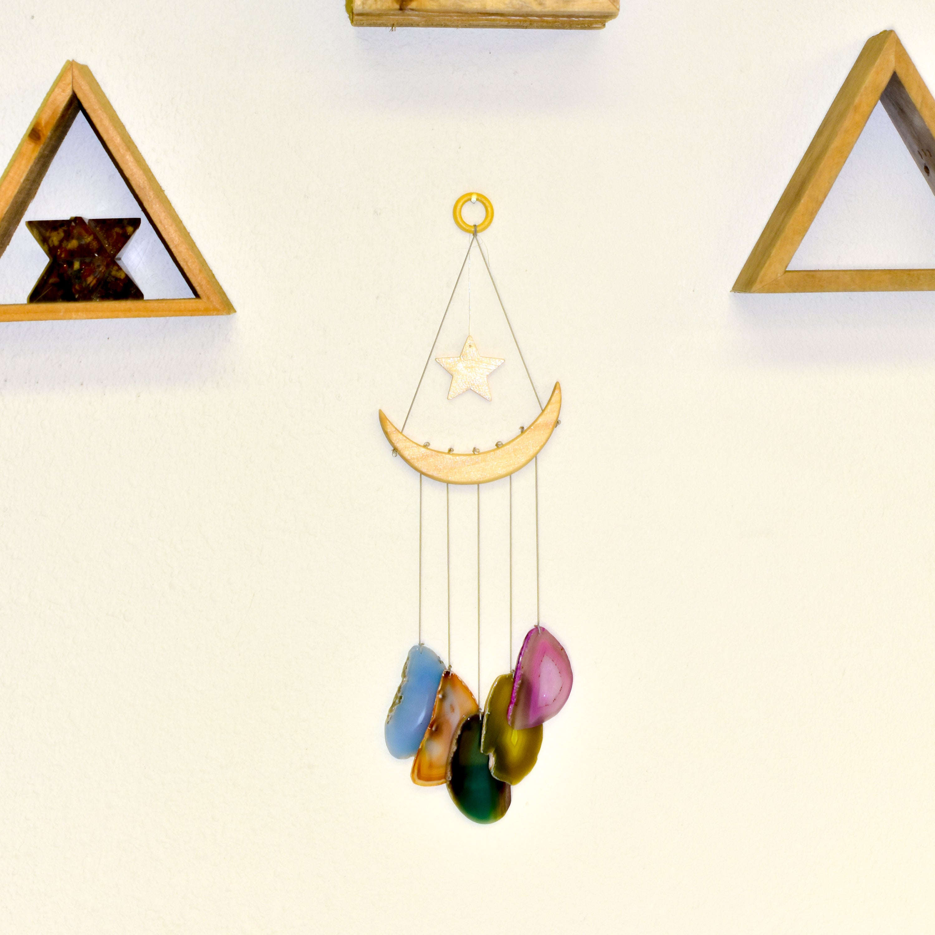 NEW Star & Crescent Moon Agate Wind Chime featuring five natural agate slices hanging from a wooden crescent moon and star.