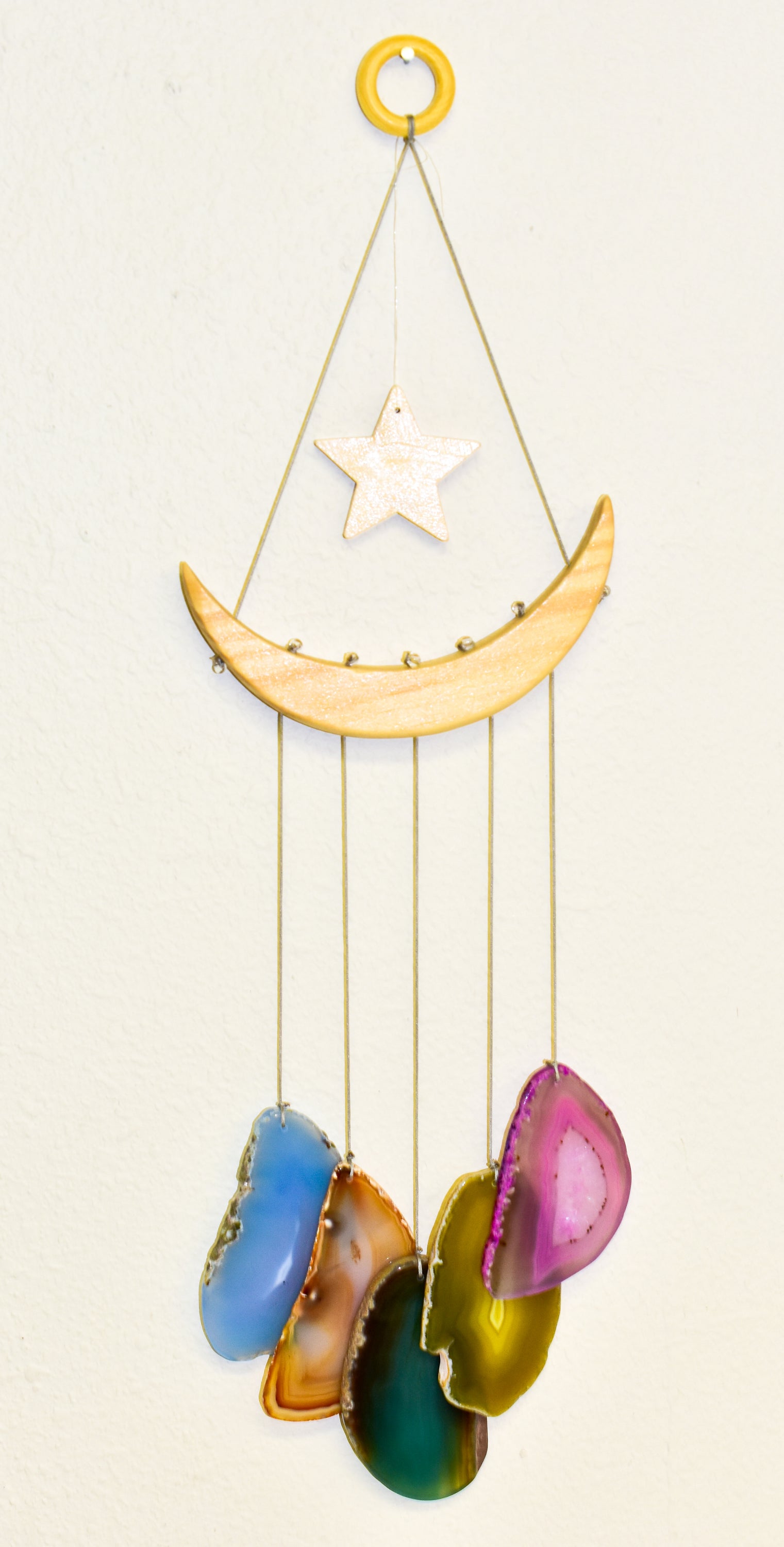 NEW Star & Crescent Moon Agate Wind Chime featuring five natural agate slices hanging from a wooden crescent moon and star.