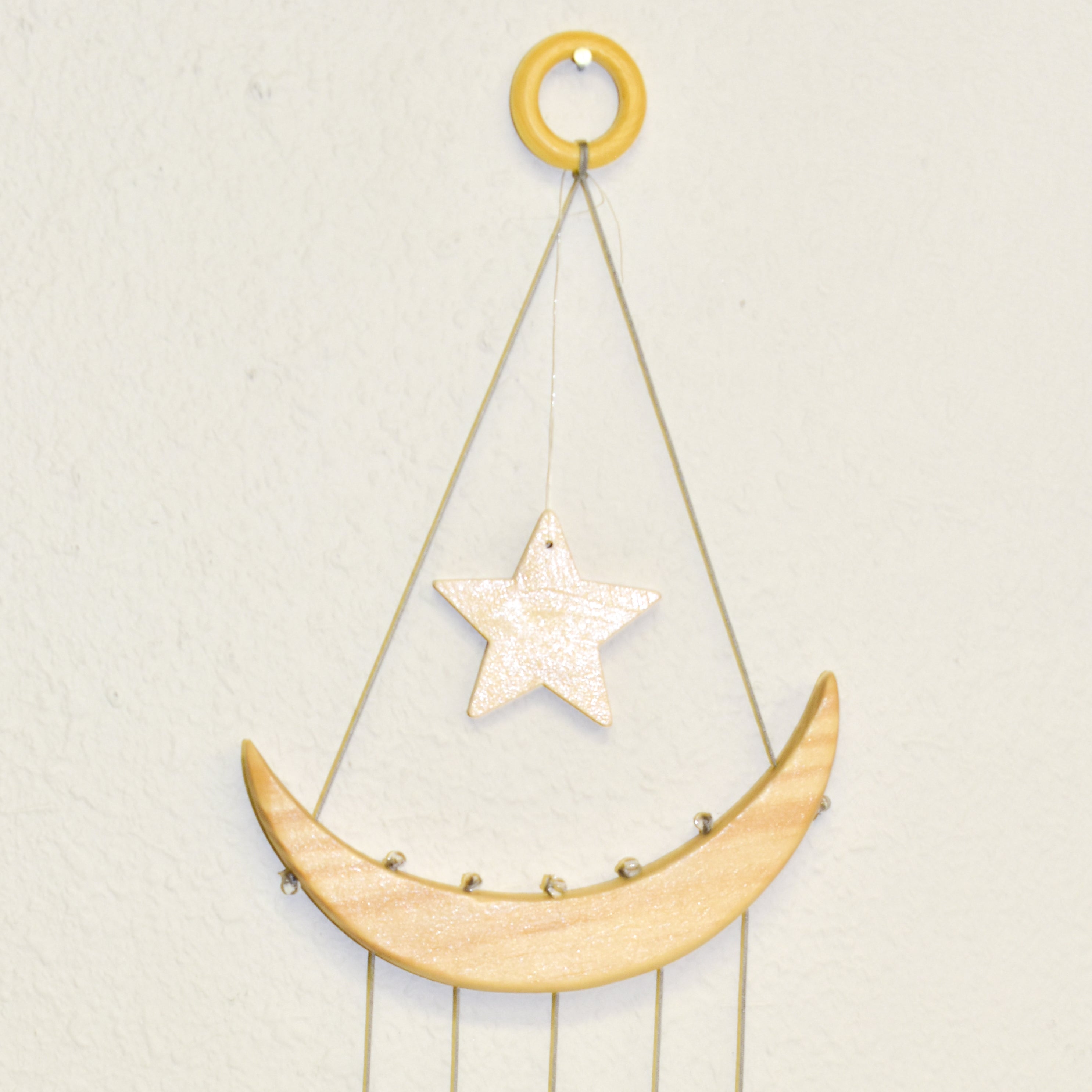 NEW Star & Crescent Moon Agate Wind Chime featuring five natural agate slices hanging from a wooden crescent moon and star.