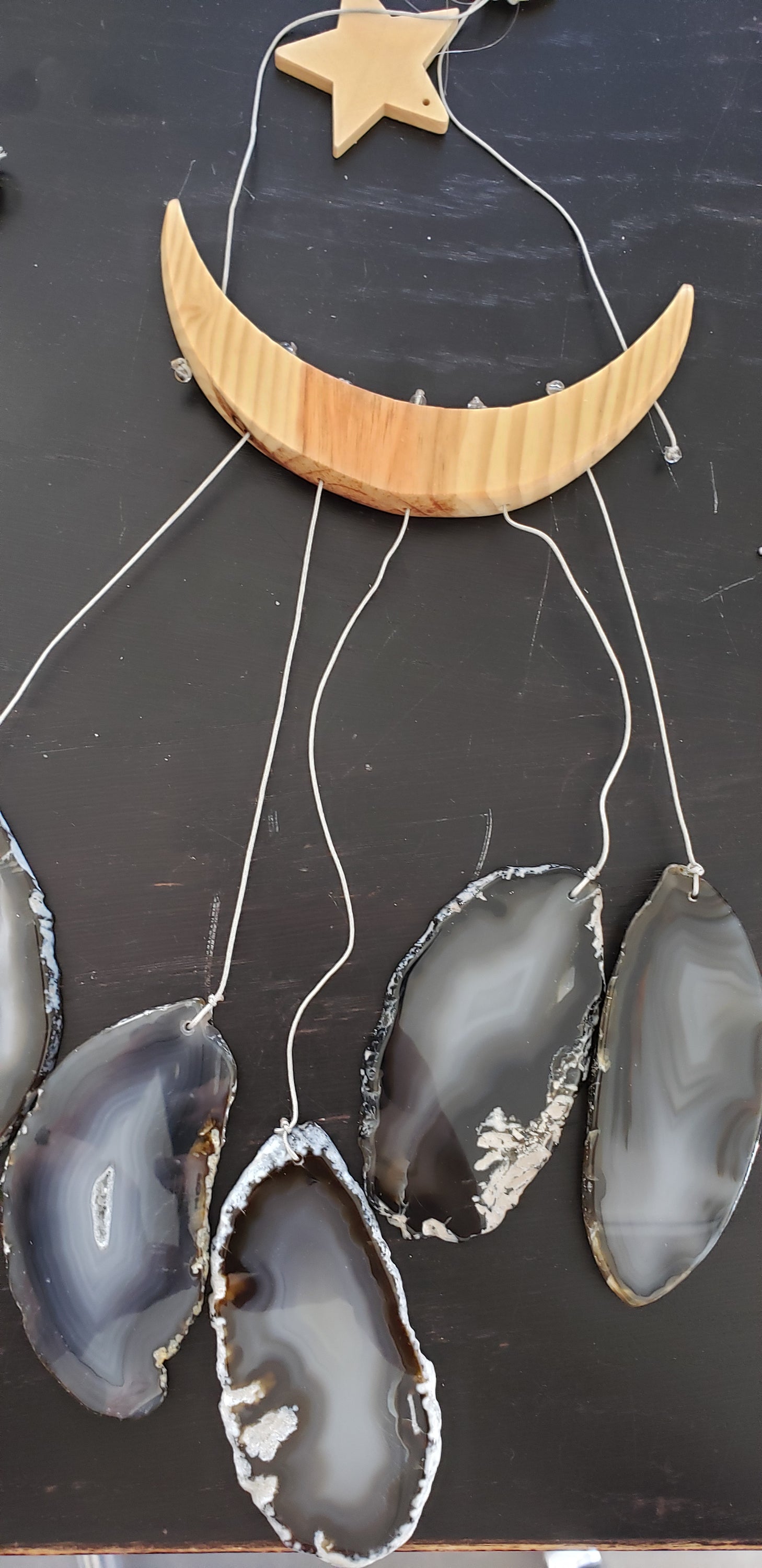 NEW Star & Crescent Moon Agate Wind Chime featuring five natural agate slices hanging from a wooden crescent moon and star.