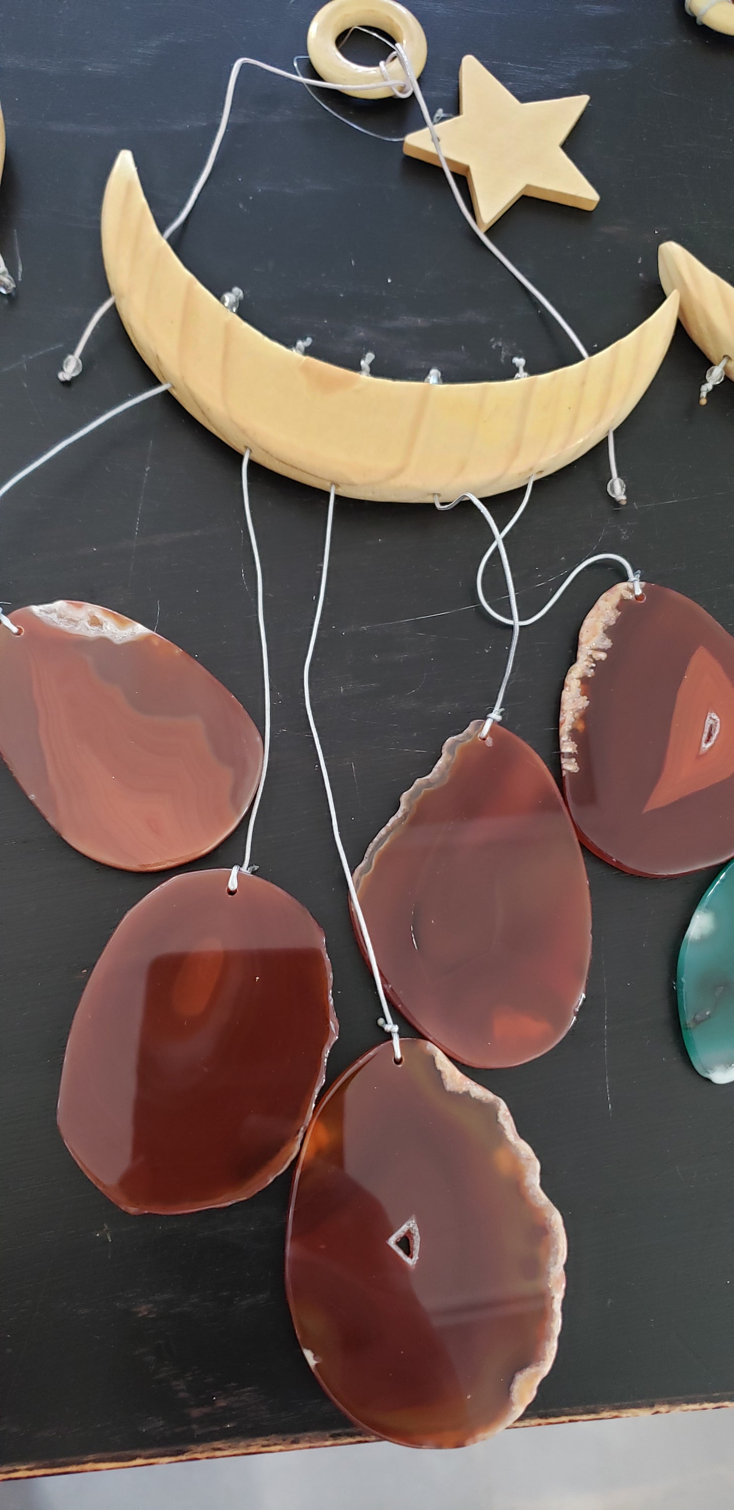 NEW Star & Crescent Moon Agate Wind Chime featuring five natural agate slices hanging from a wooden crescent moon and star.