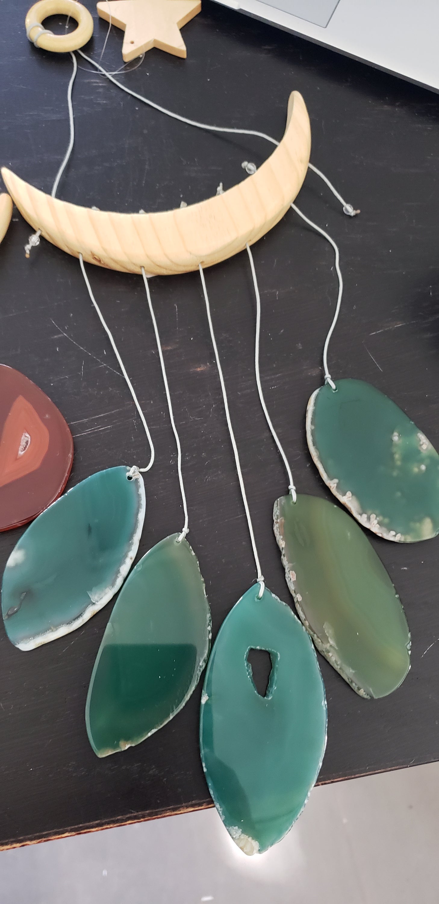 NEW Star & Crescent Moon Agate Wind Chime featuring five natural agate slices hanging from a wooden crescent moon and star.