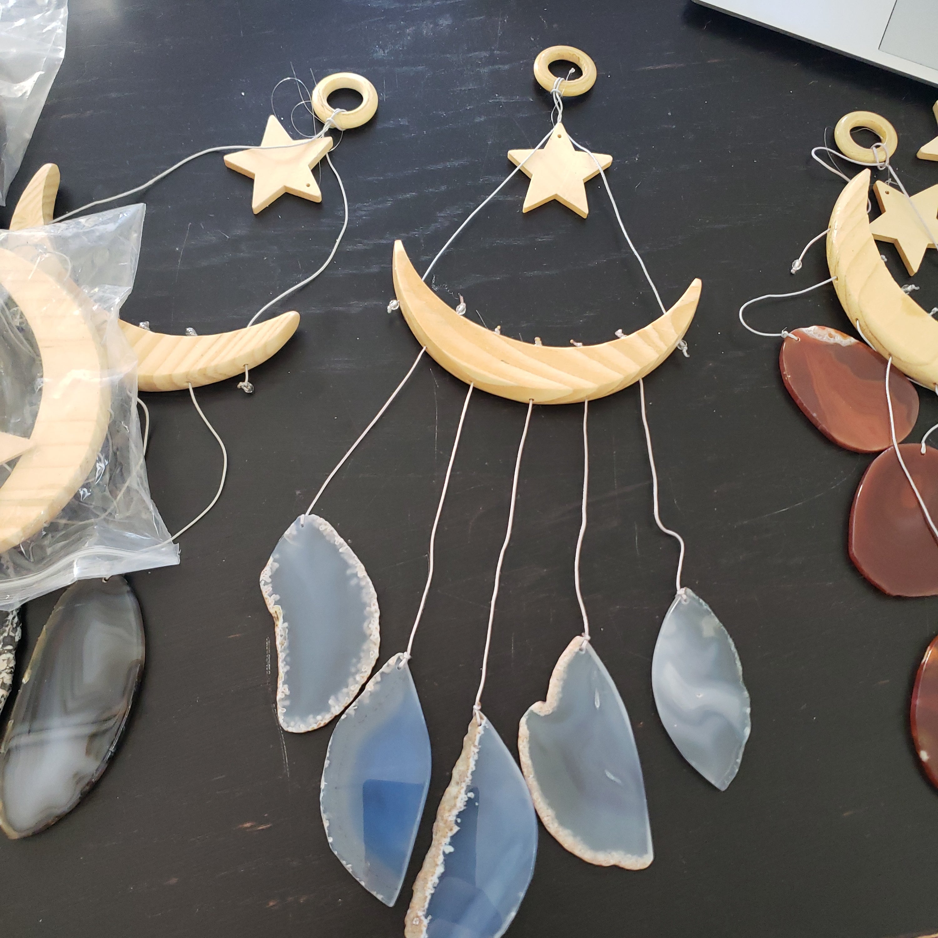 NEW Star & Crescent Moon Agate Wind Chime featuring five natural agate slices hanging from a wooden crescent moon and star.