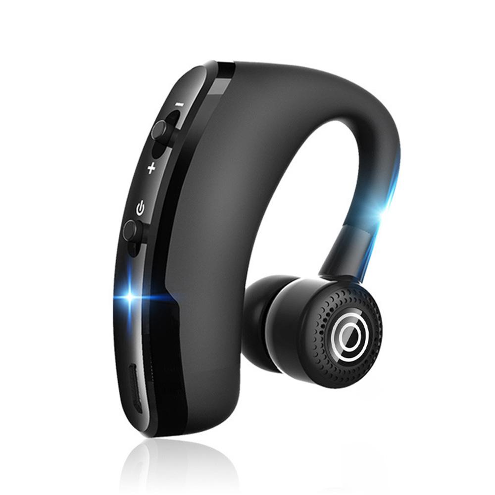 Black Wireless Voice Control Music Sports Bluetooth 4.1 Hands-free headset with adjustable ear hook and USB charging cable.