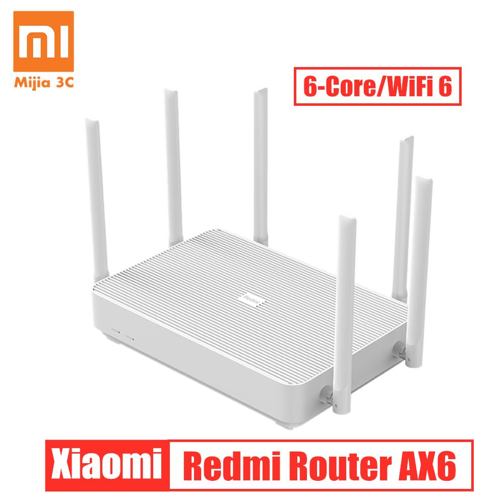 Xiaomi Redmi Router AX6 with six high gain antennas, showcasing its sleek white design and compact size.