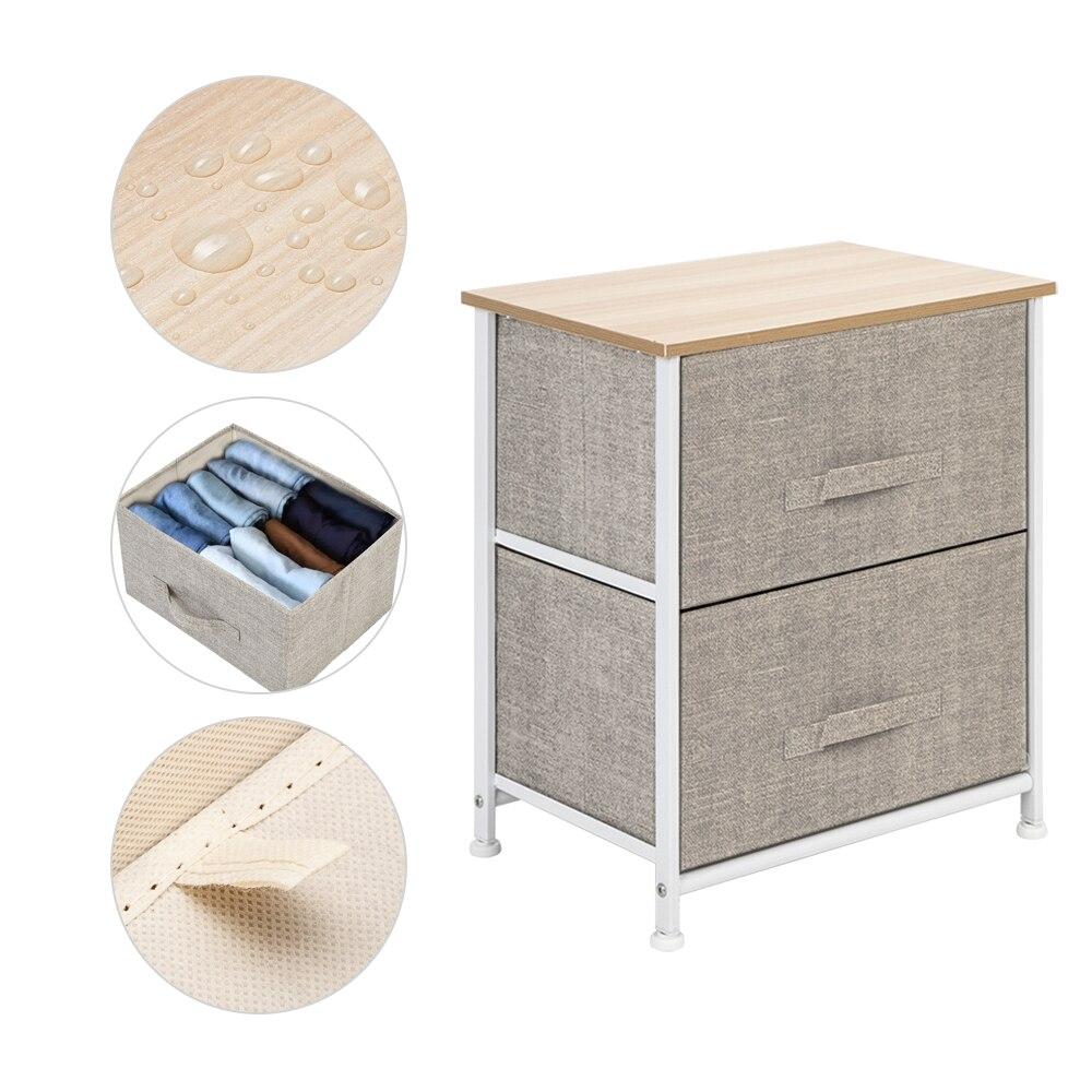 Night Stand End Table with two fabric drawers and sturdy steel frame, featuring a wood top, available in three colors.