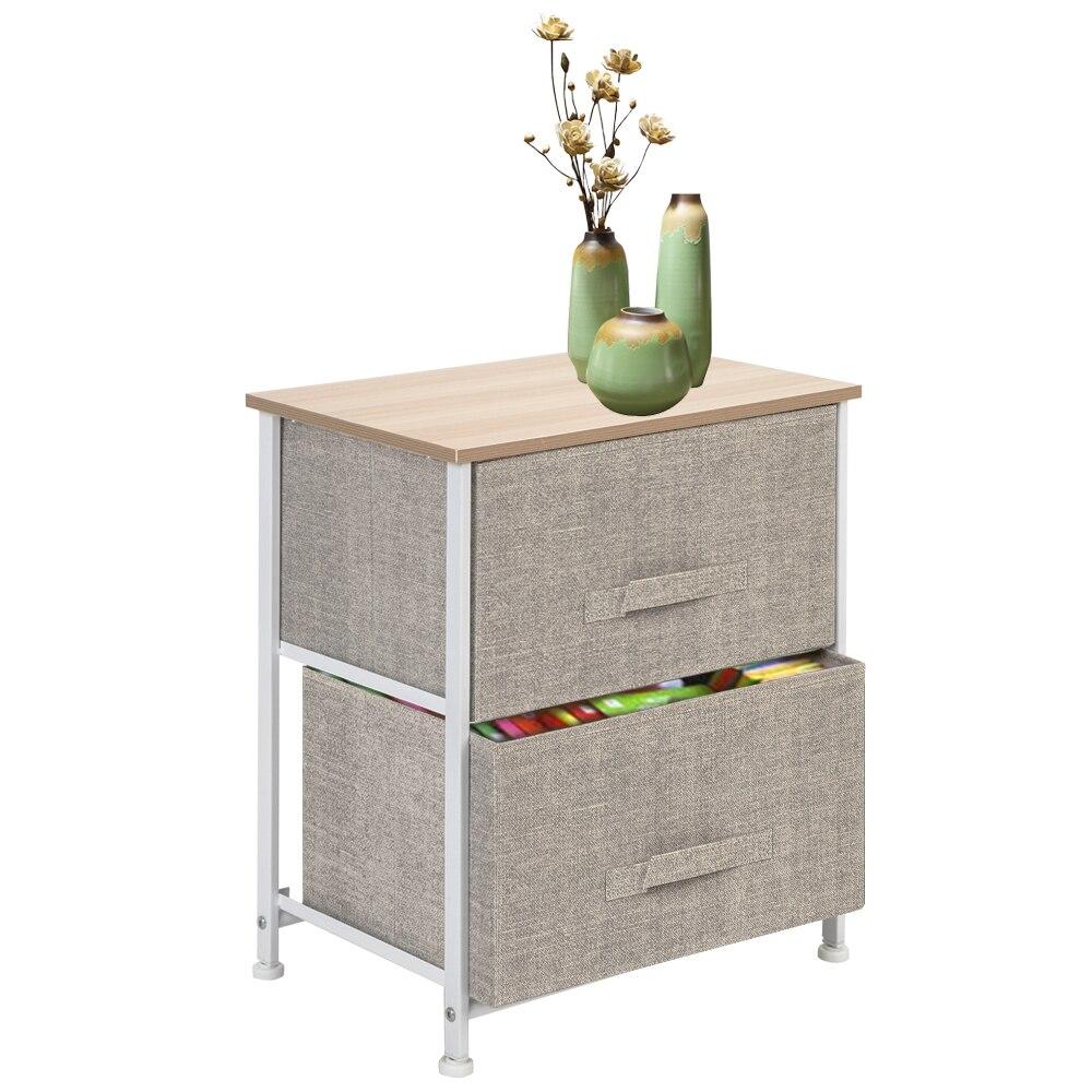 Night Stand End Table with two fabric drawers and sturdy steel frame, featuring a wood top, available in three colors.