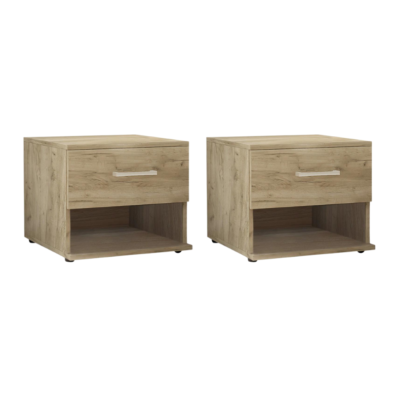 Two stylish ANITA Grey Oak nightstands with a sleek design, showcasing their compact dimensions and elegant finish.