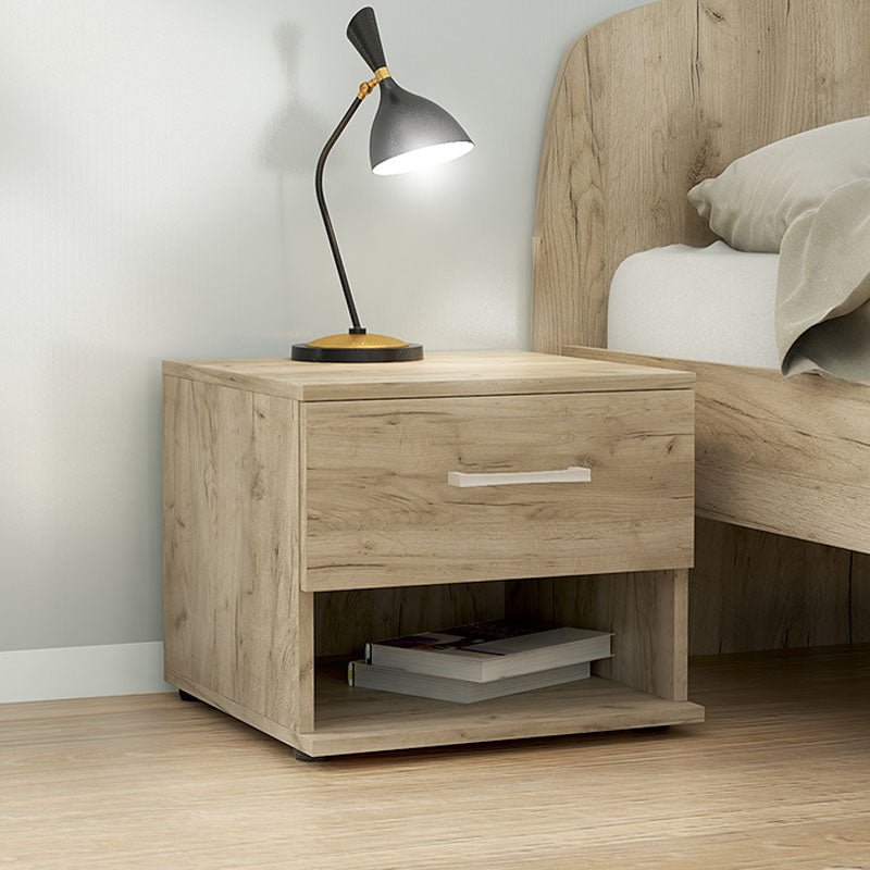 Two stylish ANITA Grey Oak nightstands with a sleek design, showcasing their compact dimensions and elegant finish.