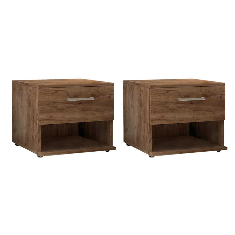 Set of two ANITA nightstands in light walnut finish, showcasing elegant design and practical storage.