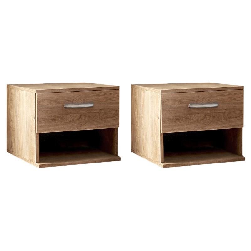 Set of two ANITA nightstands in honey oak finish, featuring a modern design and compact dimensions.