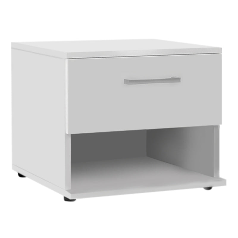 Stylish white melamine nightstand ANITA with compact dimensions, perfect for modern decor.