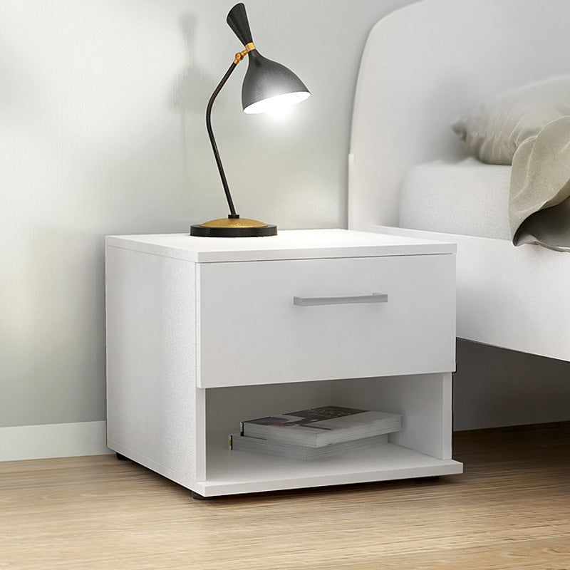 Stylish white melamine nightstand ANITA with compact dimensions, perfect for modern decor.