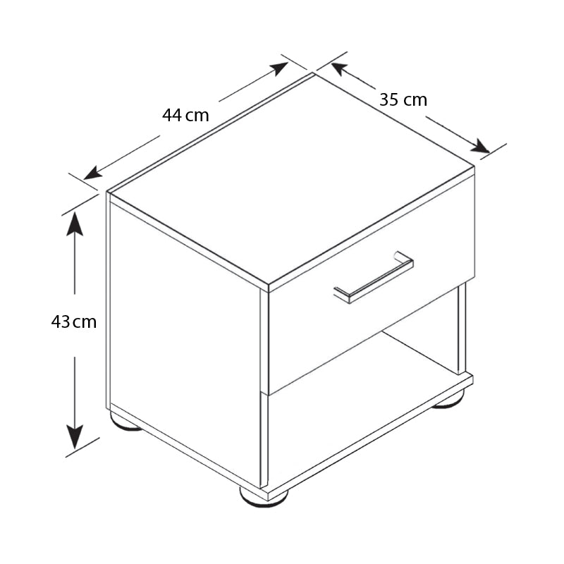 Stylish white melamine nightstand ANITA with compact dimensions, perfect for modern decor.