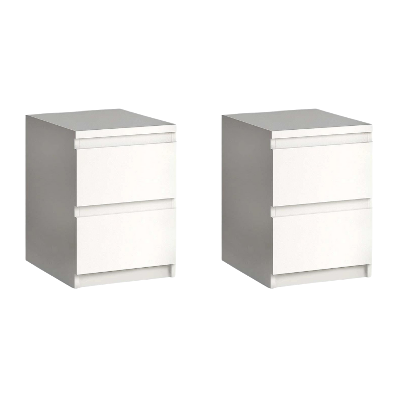 Set of two CARMELLA white nightstands with two drawers, stylish and compact design.