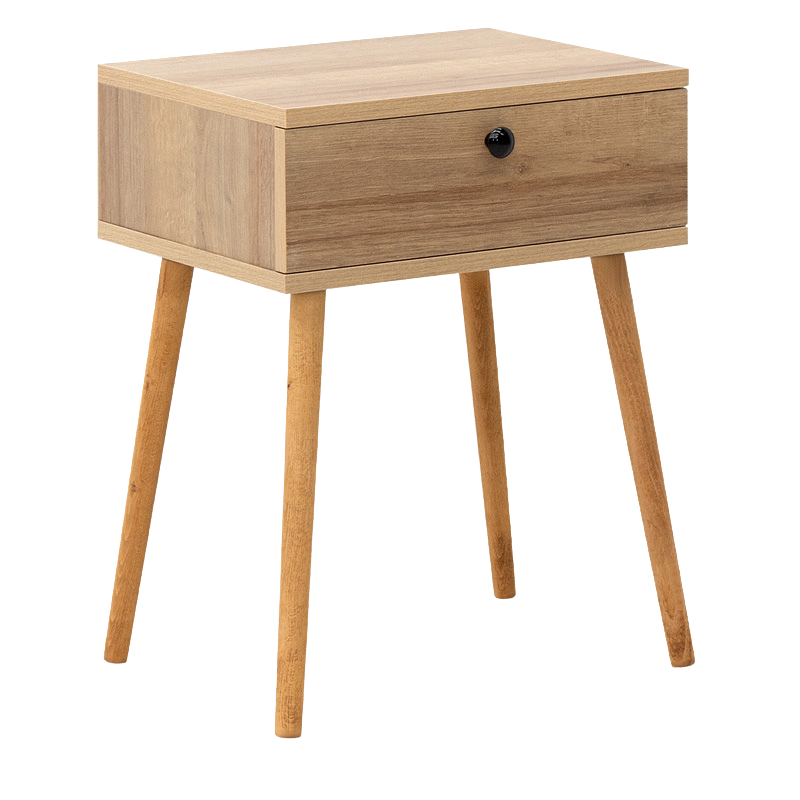 CLARA Pine Oak Nightstand with one drawer, showcasing a stylish melamine finish and compact dimensions.