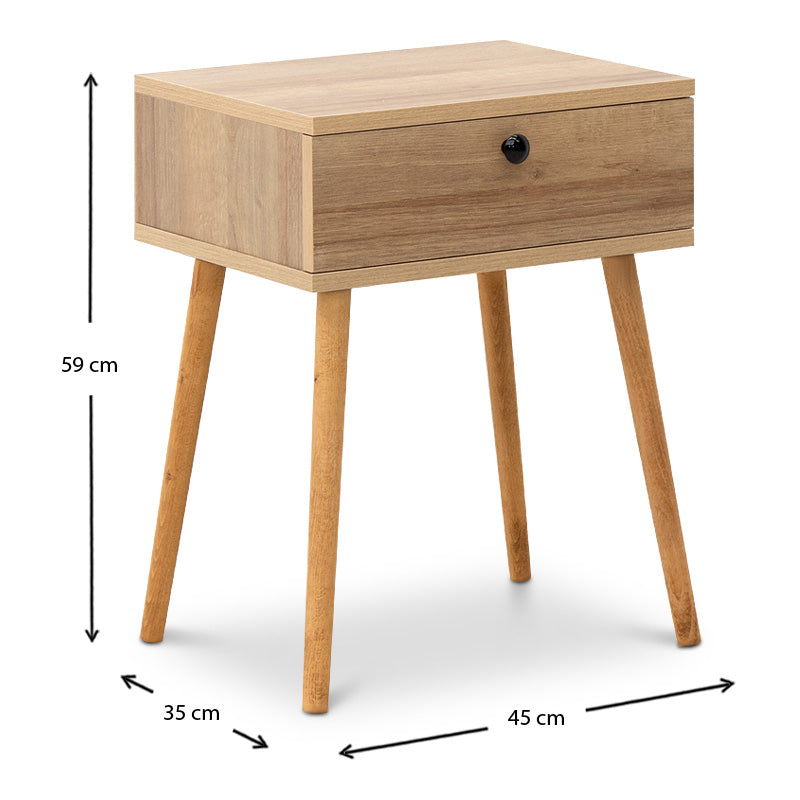 CLARA Pine Oak Nightstand with one drawer, showcasing a stylish melamine finish and compact dimensions.