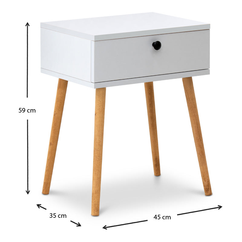 CLARA White Nightstand with one drawer, melamine finish, dimensions 45x35x61 cm, stylish and functional design.