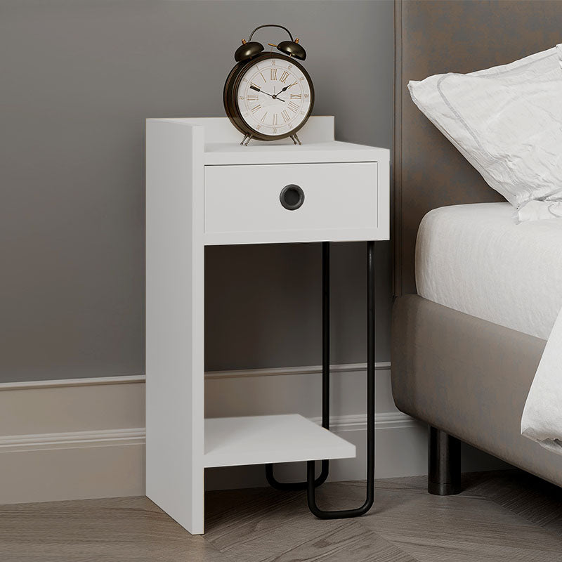 Nightstand COMPLETE White Set featuring a sleek design, made of durable melamine with a white finish, supported by a sturdy metal foot.