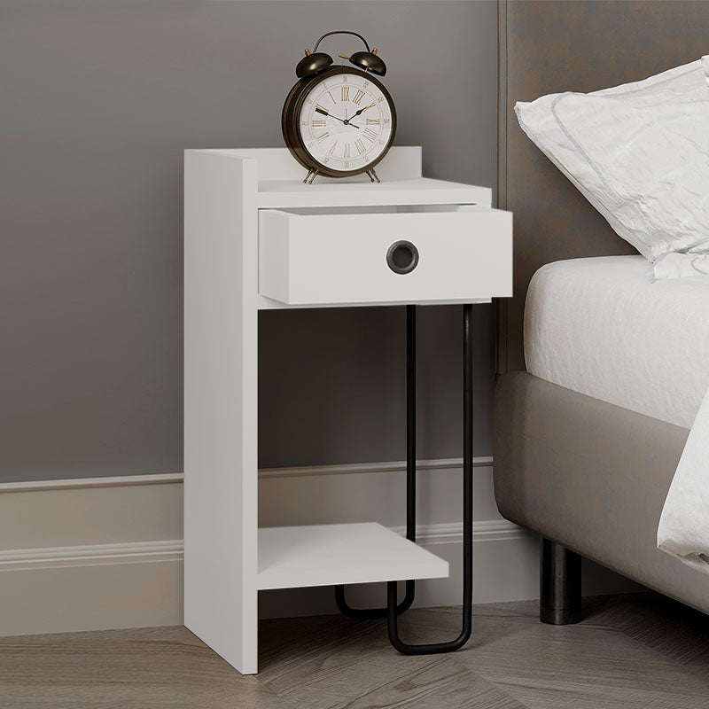 Nightstand COMPLETE White Set featuring a sleek design, made of durable melamine with a white finish, supported by a sturdy metal foot.