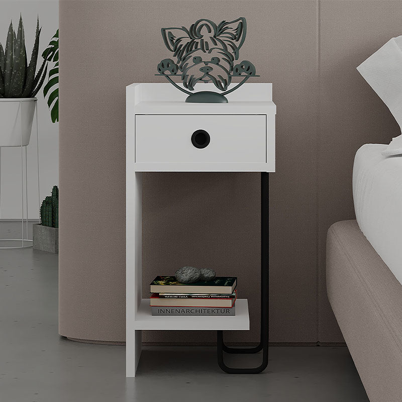 Nightstand COMPLETE White Set featuring a sleek design, made of durable melamine with a white finish, supported by a sturdy metal foot.