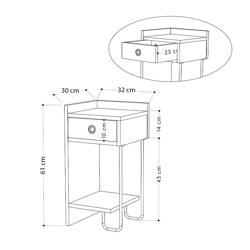 Nightstand COMPLETE White Set featuring a sleek design, made of durable melamine with a white finish, supported by a sturdy metal foot.